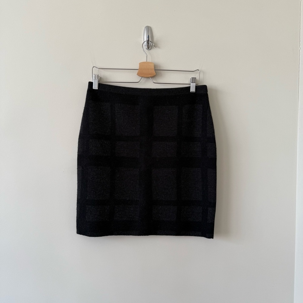Eileen Fisher Black and Dark Grey Plaid Stretch Merino Wool Pencil Skirt